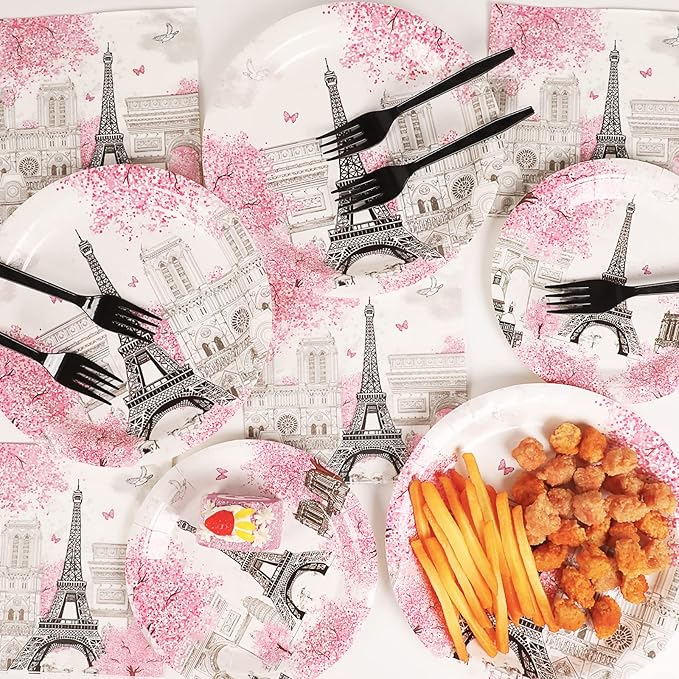 Naozinebi 200pcs Paris Eiffel Tower Plates Napkins Parisian Party Paris European City Tableware Set Landscape Pink Dinnerware Paper Tableware Bundle Baby Shower Decor Supplies Serve 50