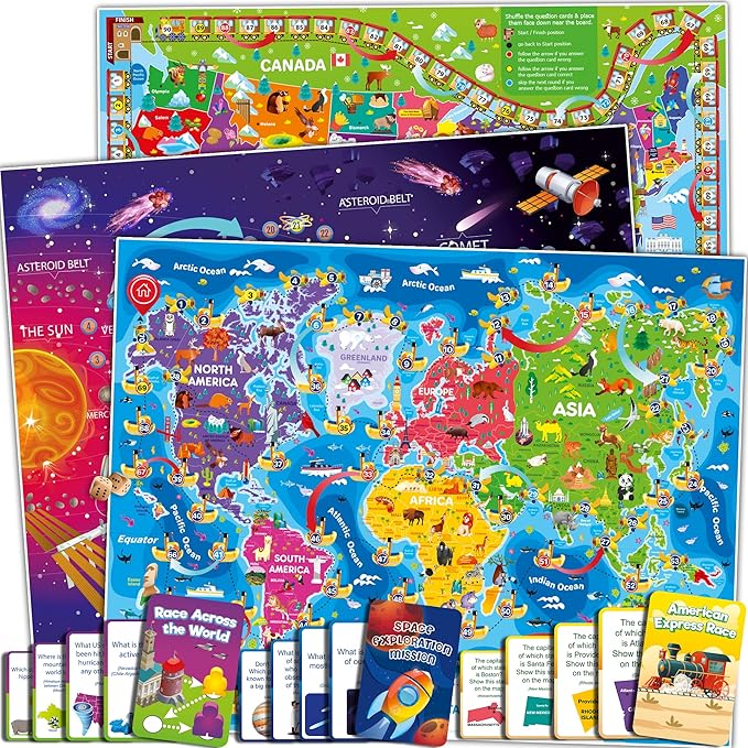 QUOKKA 3X Set Learning Board Games for Kids 8-12 - Educational Trivia Cards Ages 6-8 - Travel United States - World Map - Explore Outer Space - Gift for Children and Teens 4-8 - Jigsaw Puzzles