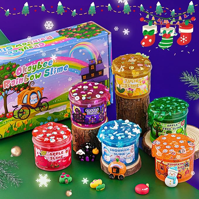 6 Pack Glitter Crunchy Slime Kit, Rainbow Slime for Kids, Christmas Stocking Stuffers, Slime Party Favors Sensory Toys, Holiday Birthday Easter Hallowmas Christmas Girls Gift & Boys Gift