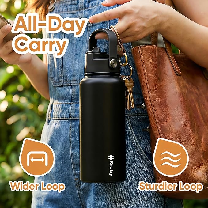 KEWIXY 18oz Insulated Water Bottle with Straw, Easy Slide Lid, Leak Proof, Keep Cold 24H, Vacuum Insulated Tumbler, Metal Stainless Steel with Handle for School, BBlack