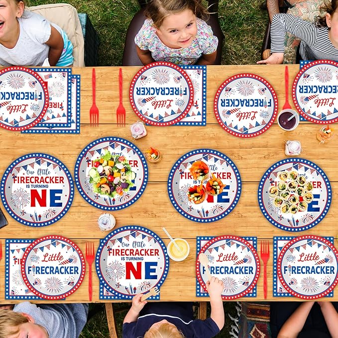 gisgfim 96Pcs Little Firecracker First Birthday Plates and Napkins Party Supplies 4th of July Party Tableware Set Independence Day Patriotic Paper Dinner Birthday Decorations Favors for 24 Guests