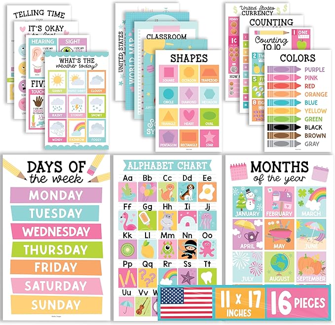 Hadley Designs 16 Educational Posters for Toddler Learning Activities - Alphabet Daycare Essentials, Laminated Pre-K Posters for Toddlers 1-3, Preschool Learning Activities, Pastel Classroom Decor