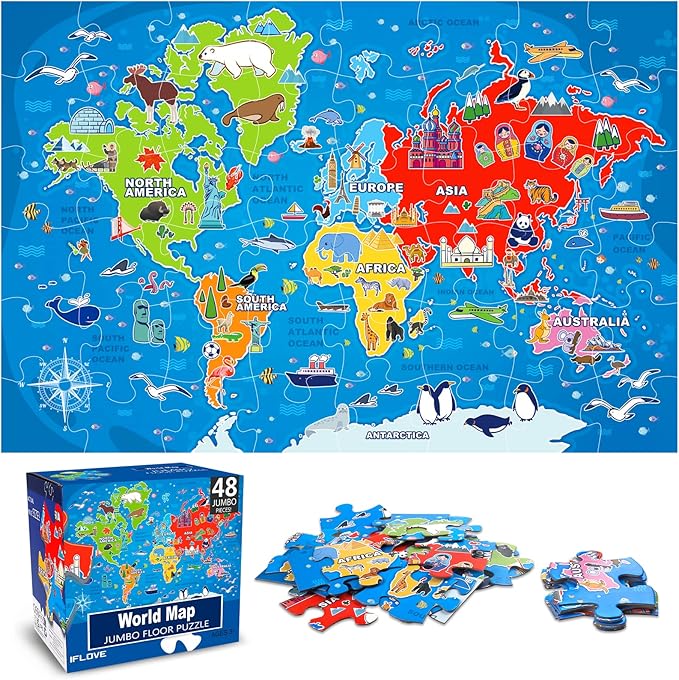 Jumbo Floor Puzzle for Kids,World Map Jigsaw Geography Puzzles,48 Piece Globe Atlas Puzzle with Continents,United States Puzzle for Ages 3-5,Preschool Learning Toys Easter Gift for 4-8 Years Old