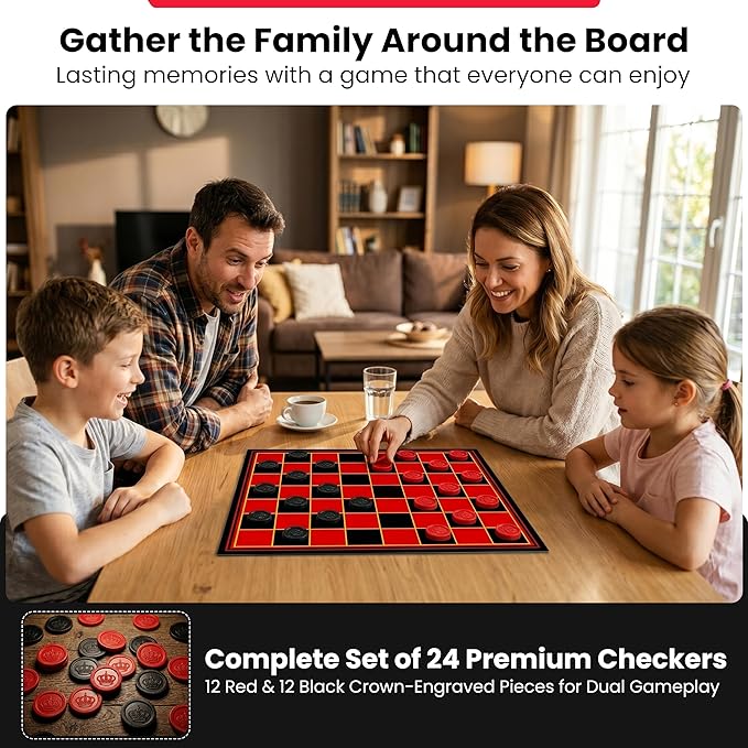 Kangaroo - Multiplayers Strategy Checker Board Game for Kids & Adults - Portable Educational Travel Cardboard Checkers - Includes Large Board w/ 24 Checkers (12 Red and 12- Black) 15x15 Inches