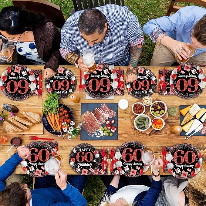 gisgfim 96 Pcs 60th Birthday Plates and Napkins Party Supplies 60 Years Old Birthday Party Tableware Set Red Black Dinner Dessert Plates 60th Birthday Decorations Favors for Man Women for 24 Guests