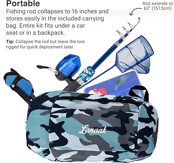Lanaak Kids Fishing Pole, Kids Portable Telescopic Fishing Rod Set, Tackle Box and Fishing Net Combo Kit, Kids Fishing Gear for Boys and Girls Age 5-10 and Youth