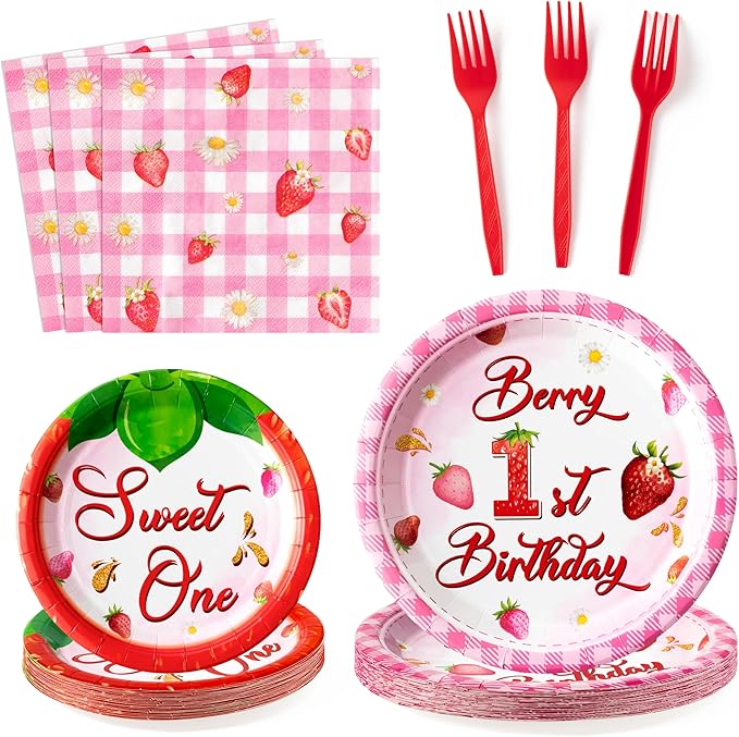 Berry First Birthday Party Decoration - 96Pcs Strawberry 1st Sweet One Plates Napkins Fork Tableware, Strawberry First Disposable Party Supplies for Girl 1st Birthday Baby Shower Table Decor, Serve 24