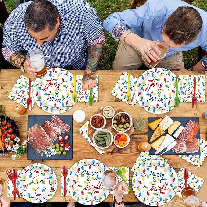 ZOIIWA 96PCS Merry Christmas Party Tableware Set Christmas Lights Party Supplies Merry and Bright Disposable Dinnerware Plates Napkins Forks with Holiday String Lights for Xmas Birthday Favors