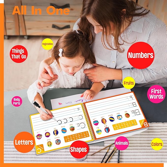 Handwriting Practice Book, 40 Pages Dry Erase Preschool Workbook Montessori Learning Toy Educational Tool for Alphabet/Numbers/Colors/Shapes/Line Tracing - for Toddlers, Kids 3-5 Years Old