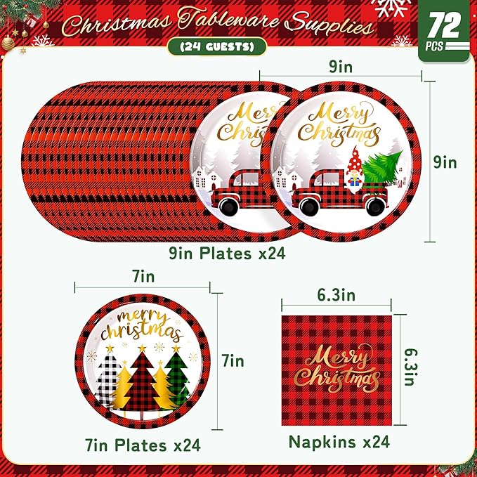 72PCS Christmas Plates and Napkins for Party Decorations, Set of 24 Merry Christmas Disposable Tableware Supplies, Gnome Red Plaid Paper Plates for Xmas Party