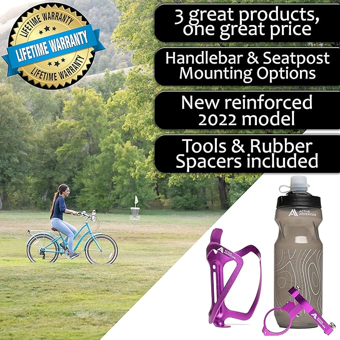 Bike Water Bottle Holder Combo - 20 Oz Squeeze Bottle & Bicycle Mount Cage Rack, No Screws Needed, Durable Alloy - Fits All Handlebar Bikes & MTB Mountain Road - for Adults, Kids (Purple)