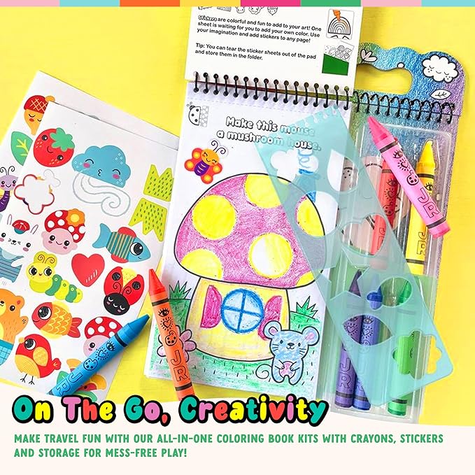 Bright Stripes Art on the Go Nature Theme Travel Kit for Kids Ages 3+ | Mess-Free 50 Pages Coloring & Sticker Activity Set with Crayons & Stencil | Portable Art Set for Toddlers and Preschoolers