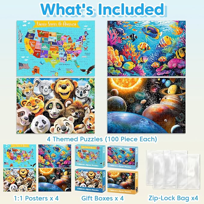 Jeacirio 4 Pack 100 Piece Puzzles for Kids Ages 4-6 - Jigsaw Puzzles for Kids Ages 6-8 8-10 100 Piece Jigsaw Puzzle for Adults Toddler Children Learning Educational Puzzles Toys Gifts for Girls Boys