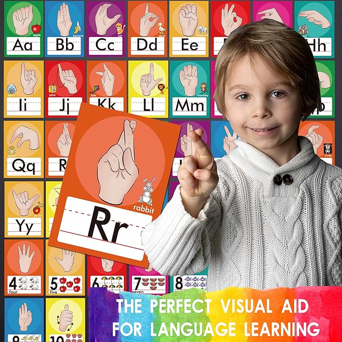36 Pieces ASL Alphabet Line Bulletin Board Set ABC Number Sign Language Flash Cards Wall Decorations for Pre-School Kindergarten Elementary Classroom Nursery Homeschool (Bright Colors)