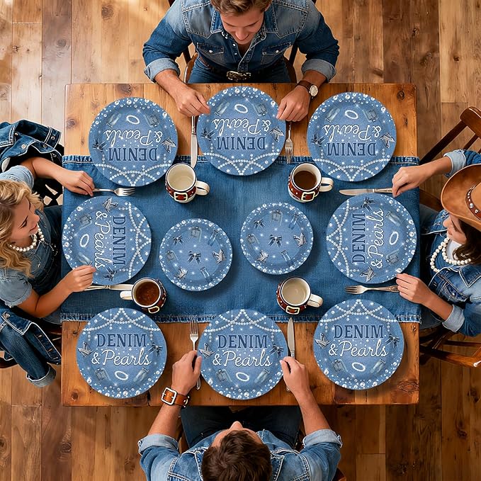 96Pcs Denim and Pearls Party Supplies Denim and Pearls Plates and Napkins Jeans Pearl Tableware Set for Woman Girl Birthday Bridal Shower Wedding Engagement Celebration Party Serves 24