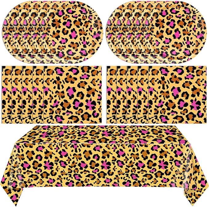 41PCS Pink Leopard Print Birthday Party Decorations Cheetah Party Decorations Tableware Dessert Plates Napkins,Cheetah Print Table Cloth for Safari Animal Leopard Theme Birthday Party Supplies
