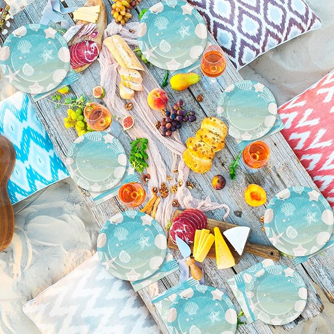 Seashell Beach Party Plates Napkin Fork Nautical Coastal Birthday Party Tableware Set Ocean Starfish Dinnerware Supply for Summer Holiday baby shower Wedding Bridal Decoration favor Serve 50