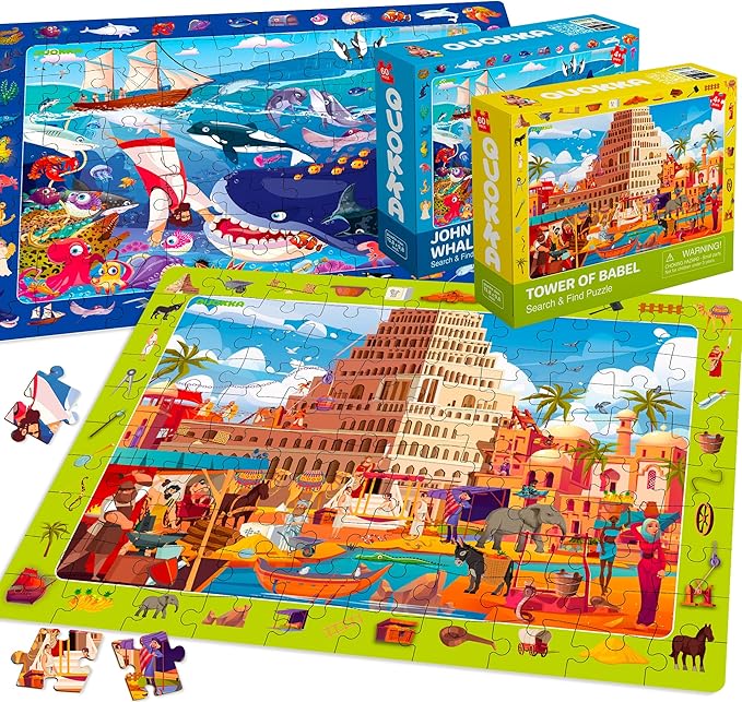 QUOKKA 60 Piece Kids Puzzles Ages 5-8 - Set of 4 Bible Jigsaw Puzzles for Kids 4-6-10 Year Old - Tower of Babel - Noah`s Ark - Eden Toys for Children 5-7 yo - Christian Gifts for Boys & Girls