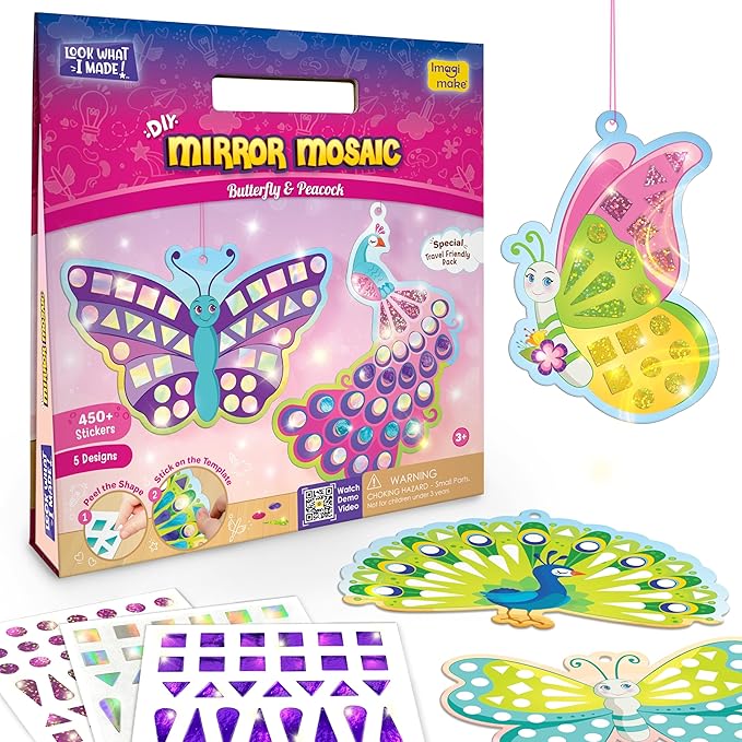 Imagimake Mirror Mosaic Butterfly & Peacock Kids Art Set | DIY Craft Kit | Foil Stickers for Kids Age 3+ | Travel Crafts for Kids Ages 4-8 | Birthday Gift for Girls and Boys Ages 3,4,5,6,7