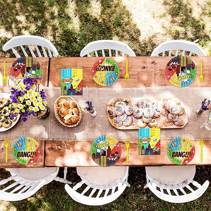 gisgfim 96 Pcs Super Theme Hero Party Plates and Napkins Party Supplies Hero Themed Party Tableware Set Hero Action Disposable Decorations Favors for Birthday Baby Shower for 24 Guests