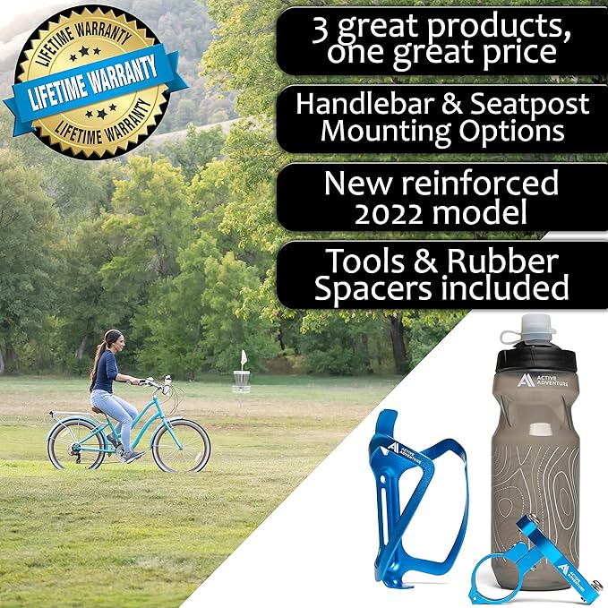 Bike Water Bottle Holder Combo - 20 Oz Squeeze Bottle & Bicycle Mount Cage Rack, No Screws Needed, Durable Alloy - Fits All Handlebar Bikes & MTB Mountain Road - for Adults, Kids (Blue)