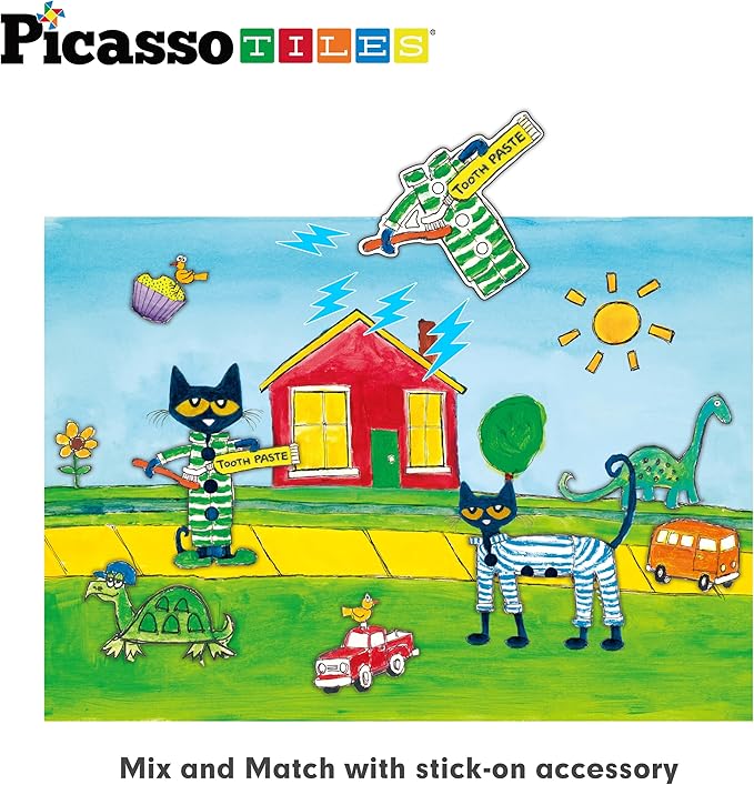 PicassoTiles Pete The Cat 80pc Magnetic Board Game Puzzle Playset Reusable Mix & Match Cartoon Toy with Storytelling, STEM Learning Activity Book and Storage Educational Kids Toys for Ages 3+ PTC02