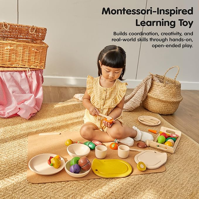 PlanToys® Pretend Play Wooden Tableware Set for Kids | 16-Piece Montessori Kitchen Toy Set with Plates, Cups, Bowls & Utensils | Eco-Friendly, Non-Toxic Toy for Toddlers & Preschoolers