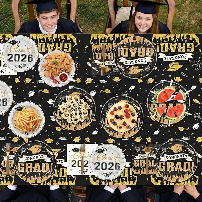 Graduation Plates and Napkins 2026,97PcsBlack Disposable Grad Plates Class of 2026 Dessert Plates Napkins,Tablecloth,Forks,Graduation Decorations for Congrats Grad Party,Serve 24