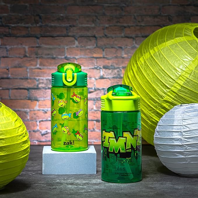 Zak Designs Teenage Mutant Ninja Turtles Kids Water Bottle For School or Travel, 16oz 2-Pack Durable Plastic Water Bottle With Straw, Handle, and Leak-Proof, Pop-Up Spout Cover (TMNT)