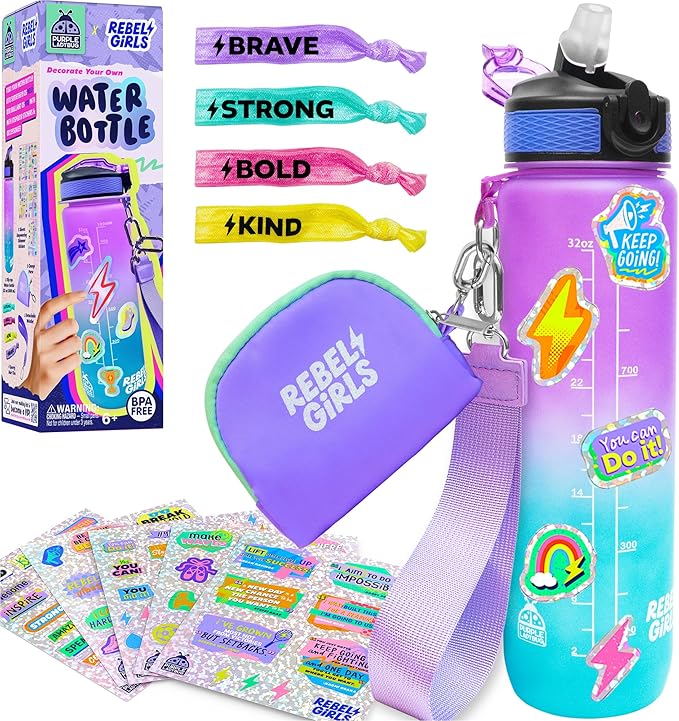 Rebel Girl Decorate Your Own Water Bottle - 32oz BPA Free Water Bottle for Kids with Motivational Stickers & More, Girls Birthday Gifts Age 6-7 8 9 10 11 - Teen Gift, Tween Girls Trendy Stuff