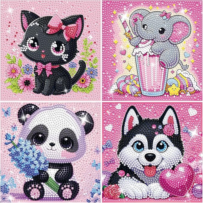 GIFOHAPY 4 Pack Diamond Art Kits for Kids, 5D Cute Animal Diamond Painting Kit for Beginners, Gem Art Crafts By Number for Boys Girls Ages 6-8-12-14,Home Wall Decor Gift 6X6“ (XY312+283+308+211)