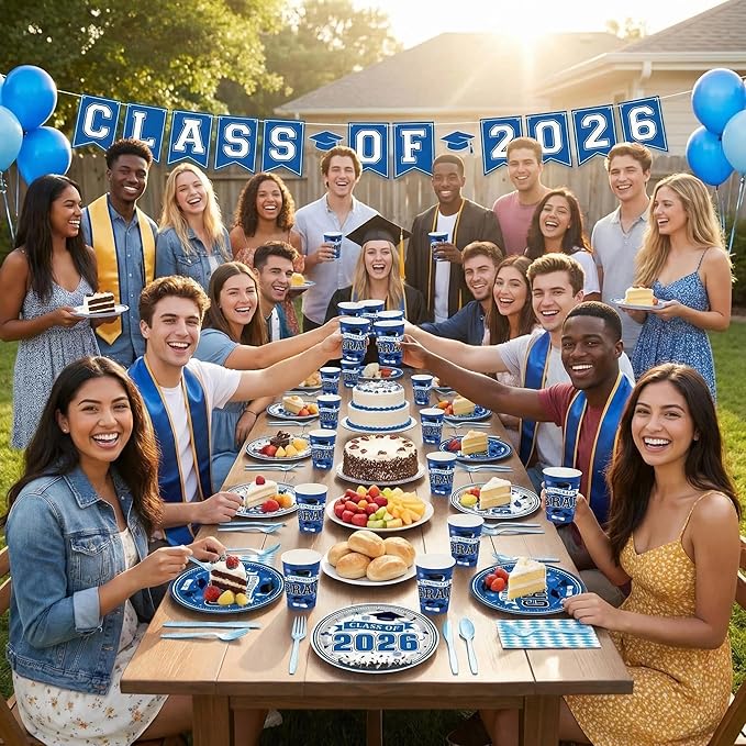168 PCS Blue Graduation Disposable Party Supplies Serves 24, Blue Gold Disposable Tableware Set with Plates Cups Napkins Cutlery Straws, School Student Graduation Birthday Decorations for Boys & Girls