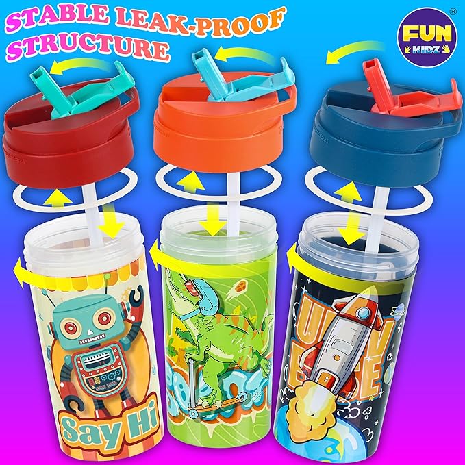 3 Packs Boy Designs 17oz Kids Water Bottle, Total My Style Spout Covered and Carry Handle Designed Lid Leak Proof BPA Free for Boys Ages 3+ Dishwasher Safe for Sports School Travel with Silicone Straw