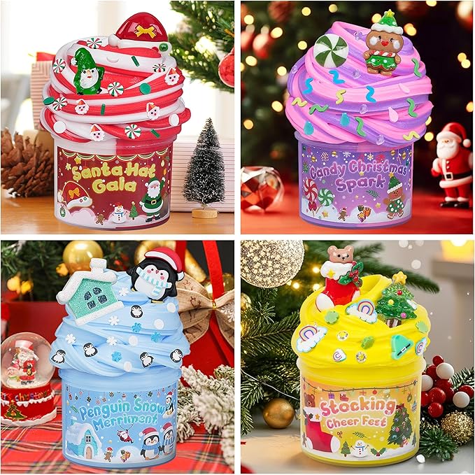 4 Pack Christmas Slime Balls with Charms, Christmas Stocking Stuffers for Kids, DIY Butter Slimes Sensory Toys, Slime Party Favors for Girls Boys, Halloween Xmas Gifts for Girls & Boys Kids Ages 4-12