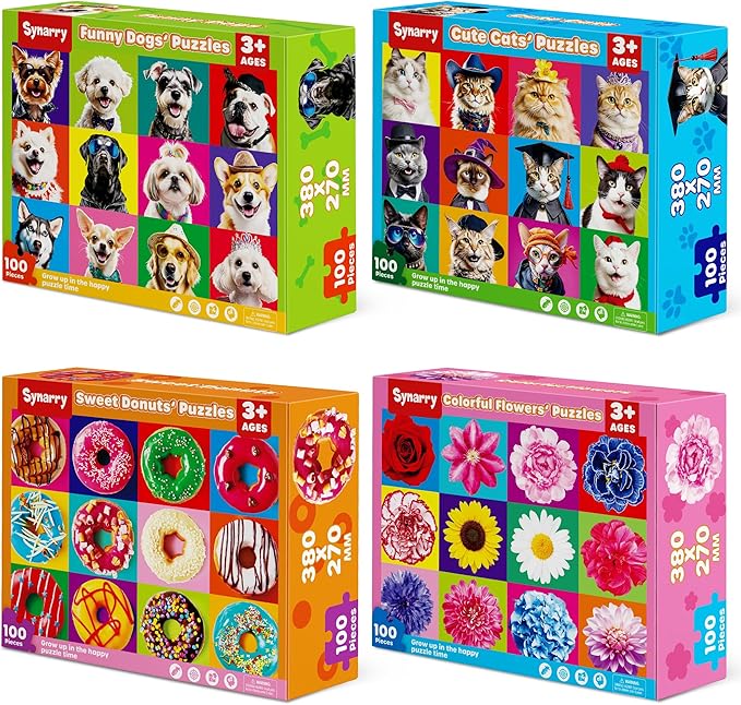 SYNARRY 100 Piece Puzzles for Kids Ages 4-6 6-8, Wooden 100 Piece Puzzle, 4 5 6 7 8 Year Old Puzzles for Kids Ages 4-8, Cat Dog Flower Donut Jigsaw Puzzle Easter Gifts for 3+ Years Old Boys Girls