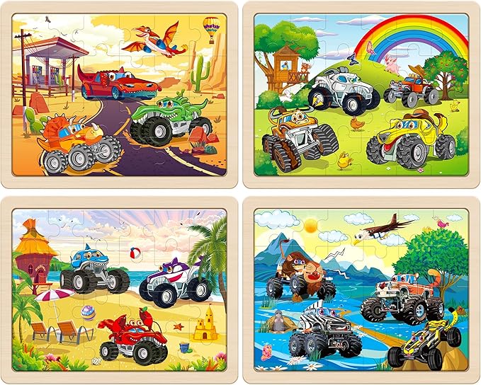 SYNARRY Large Wooden Monster Truck Puzzles for Kids Gift Box(12.2*9.4 in), 24 Piece Puzzles for Toddlers 3-5, Wood Jigsaw Puzzles for Kids Ages 4-6, Easter Basket Stuffers Gifts for Kids