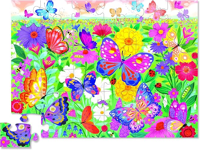 Crocodile Creek 36-Piece Jigsaw Floor Puzzle - Fun Floor Puzzles for Kids Ages 3-5 - Heavy-Duty Shaped Box for Storage - Butterfly Garden - 24" W x 18" H Finished