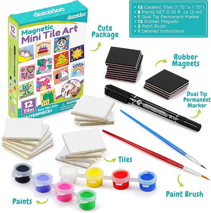 Magnetic Mini Tile Art - DIY Craft Kit; Design and Paint Magnet Tiles - Kids Paint Arts & Crafts Project; Includes 12 Tile Magnets, 8 Paint Colors, 2 Brushes and Marker; Fun Ceramic Tile Painting Kit