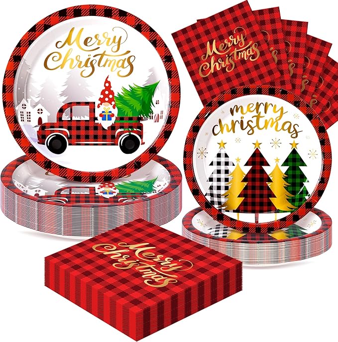72PCS Christmas Plates and Napkins for Party Decorations, Set of 24 Merry Christmas Disposable Tableware Supplies, Gnome Red Plaid Paper Plates for Xmas Party