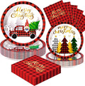 72PCS Christmas Plates and Napkins for Party Decorations, Set of 24 Merry Christmas Disposable Tableware Supplies, Gnome Red Plaid Paper Plates for Xmas Party