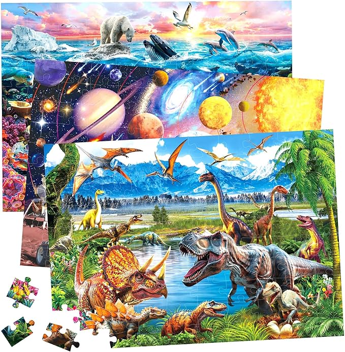 BenBen Puzzles for Kids Ages 4-6, 3 Pack 100 Pieces Large Puzzles for Toddlers 3-5 (Dinosaurs, Outer Space, Ocean Life), Learning & Educational Games for Kids 6-8, 19.75” x 13.75”