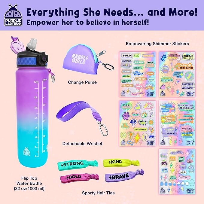 Rebel Girl Decorate Your Own Water Bottle - 32oz BPA Free Water Bottle for Kids with Motivational Stickers & More, Girls Birthday Gifts Age 6-7 8 9 10 11 - Teen Gift, Tween Girls Trendy Stuff