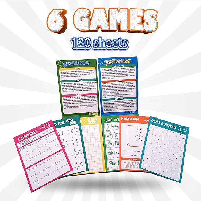 GRANDLMOON 6 Portable Travel Game Activities Notepad On The Go Plane Trip Game 4 x 6-inches (2 Pads and 60 Sheets Each)