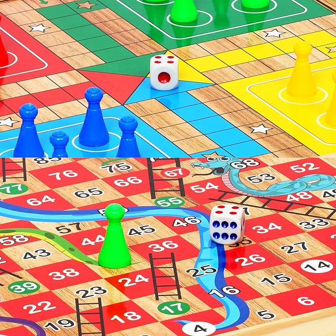 Ankit Toys & Games 2 in 1 Ludo & Snakes & Ladders Wooden Board Game – Premium Reversible Solid Family Game Set Classic Strategy & Luck Game Perfect Educational Gift for Kids & Adults Durable Board