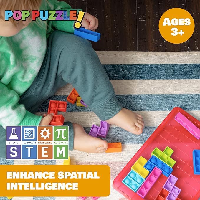 Power Your Fun Pop Puzzle Popper Fidget Game - 27pc Jigsaw Puzzle Game Pop Push It Bubble Sensory Fidget Toys for Learning, Stress Relief Silicone Push It Popper Board for Kids and Adults (Red)