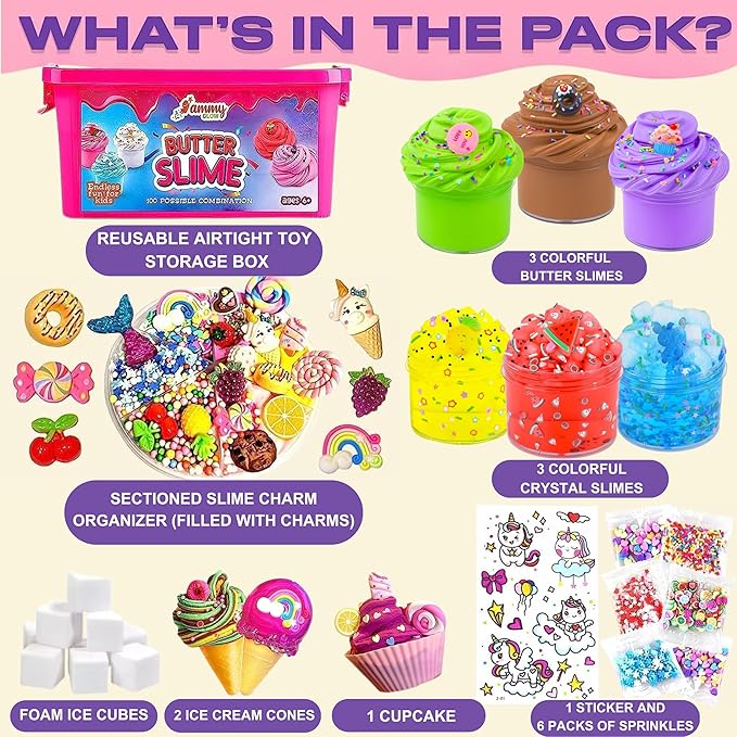 Butter Slime Kit for Girls Ages 8-12, 6 Pack Pre-Made Slime Kit with Charms, Sprinkles, Ice Cream Add-Ins & Storage Case, Soft Non-Sticky Sensory Gift for Kids