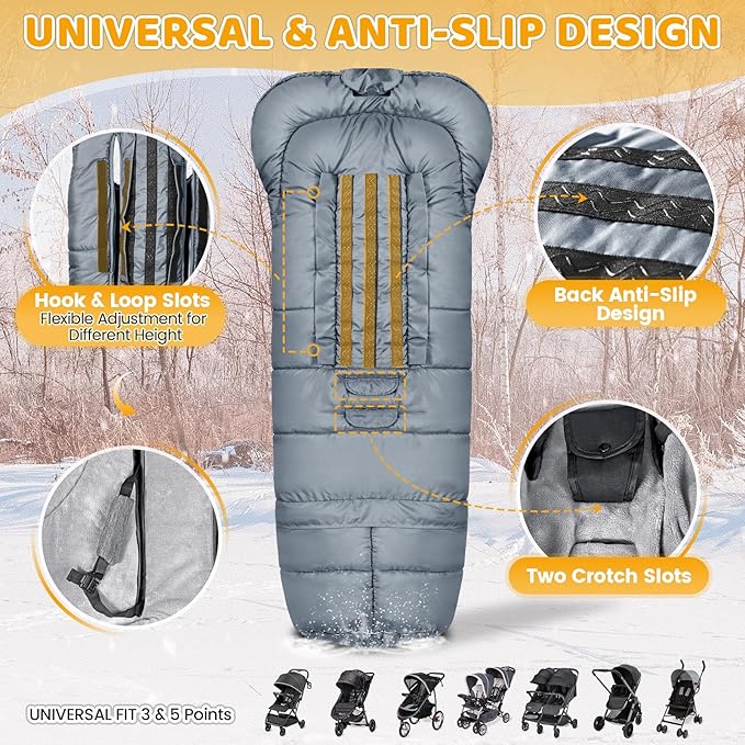 Orzbow Universal Stroller Bunting Bag with Extra Footmuff for Toddler, Kids, Warm Waterproof Stroller Blanket, Winter Cover, Baby Bunting Bag - Protect Babies from Cold Winds, Grey