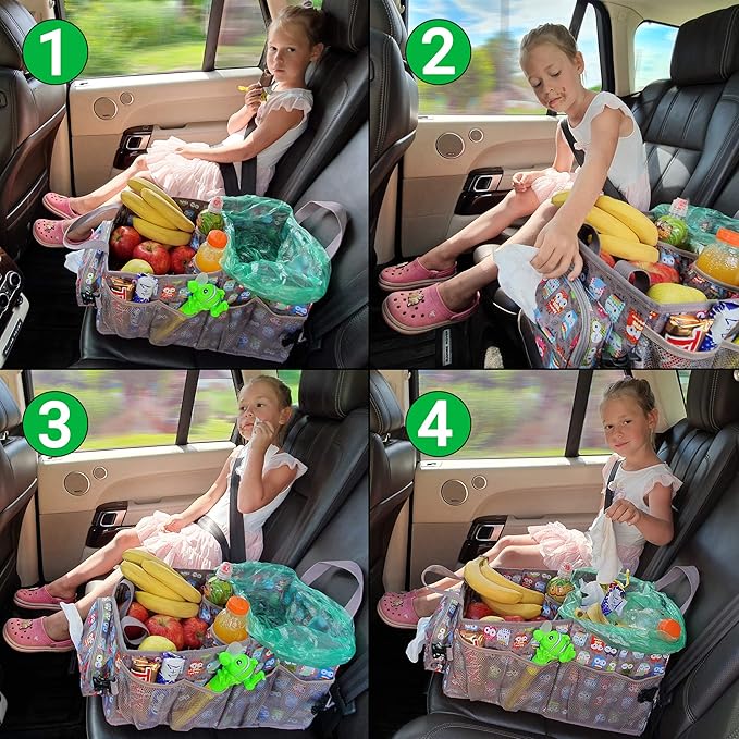 Easy-to-Reach Kids Car Organizer with Tissue Box and Cup Holder for Back Seat, Front Seat, Between Seats, Floor - Tote Car Storage Organization for Toddlers - Kids Road Trip Travel Essentials (Grey)