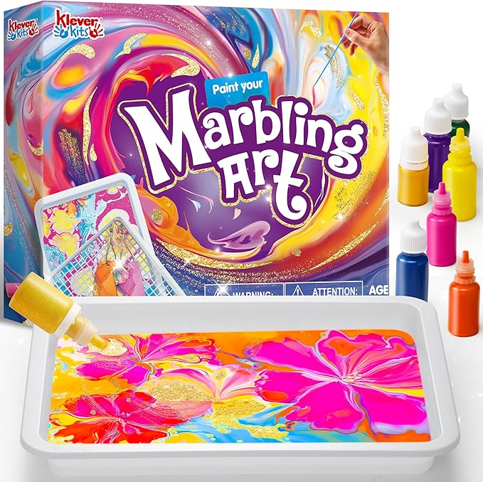 Klever Kits Marbling Paint for Kids, Metallic Gold Water Marble Paint Art, Arts and Crafts for Girls & Boys 6-12 Years Old, Craft Kits, Birthday Gifts Ideas Activities Toys