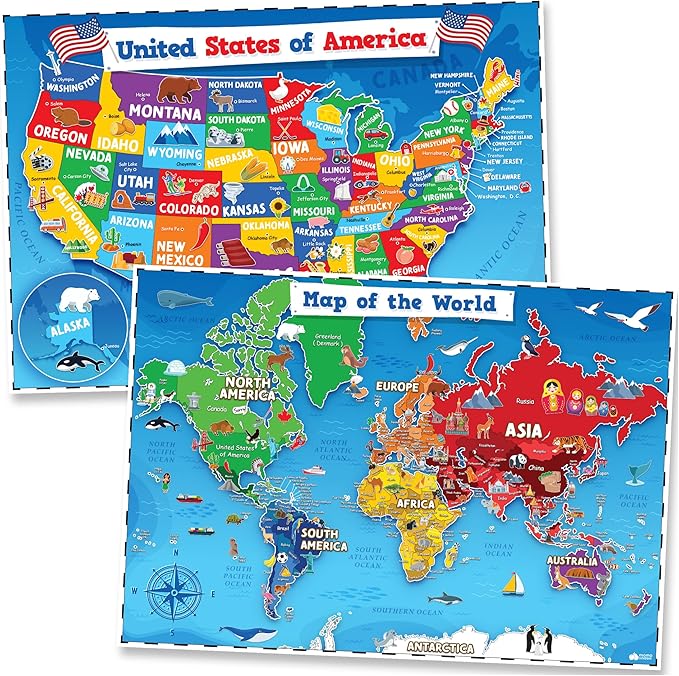 Momo & Nashi United States Map For Kids & World Maps For Kids 2pc Set - 24” x 16” Waterproof Classroom Posters - Childs World Map - Teacher Classroom Must Haves - Homeschool Teacher School Supplies